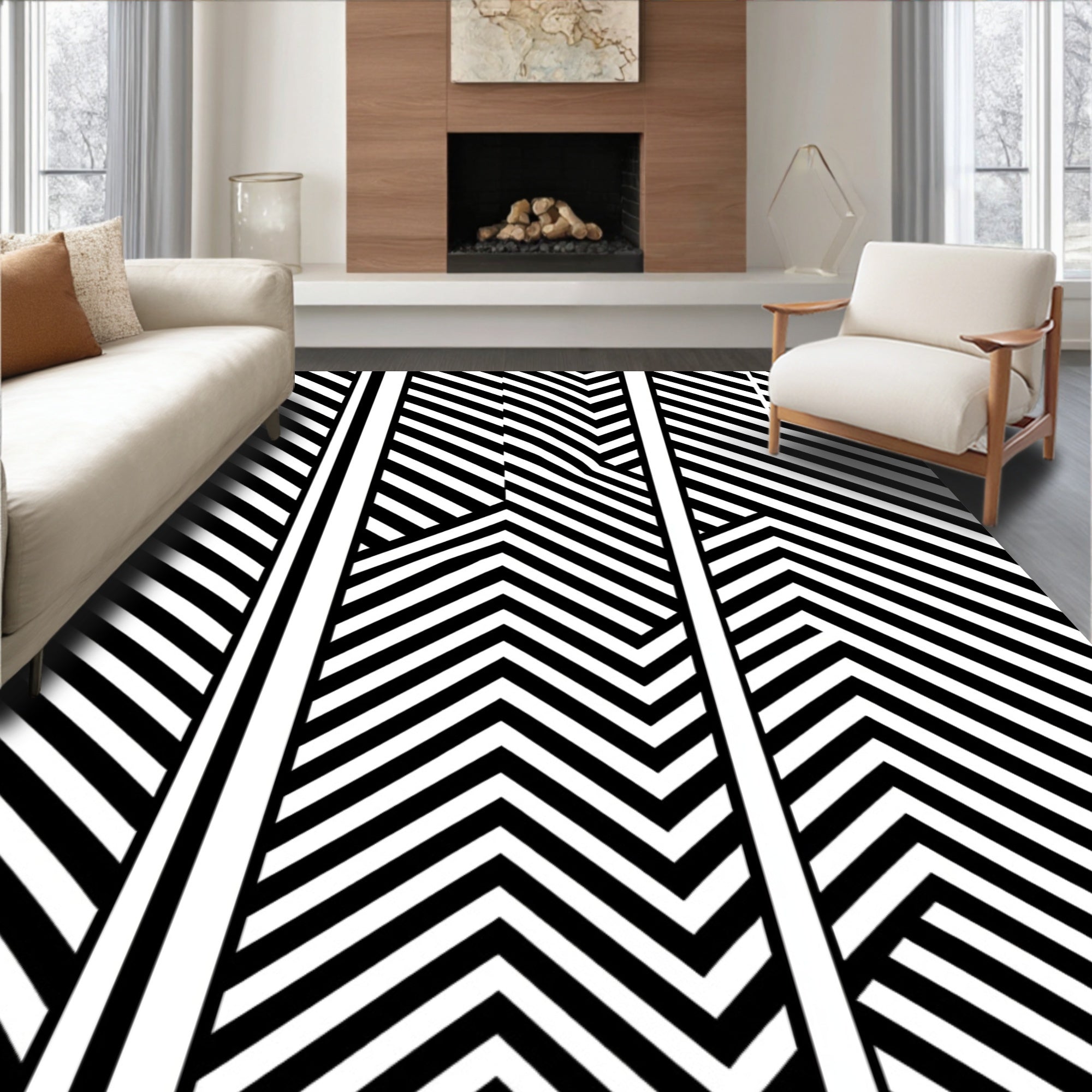 Geometric Sheen Black White Stripes Rug