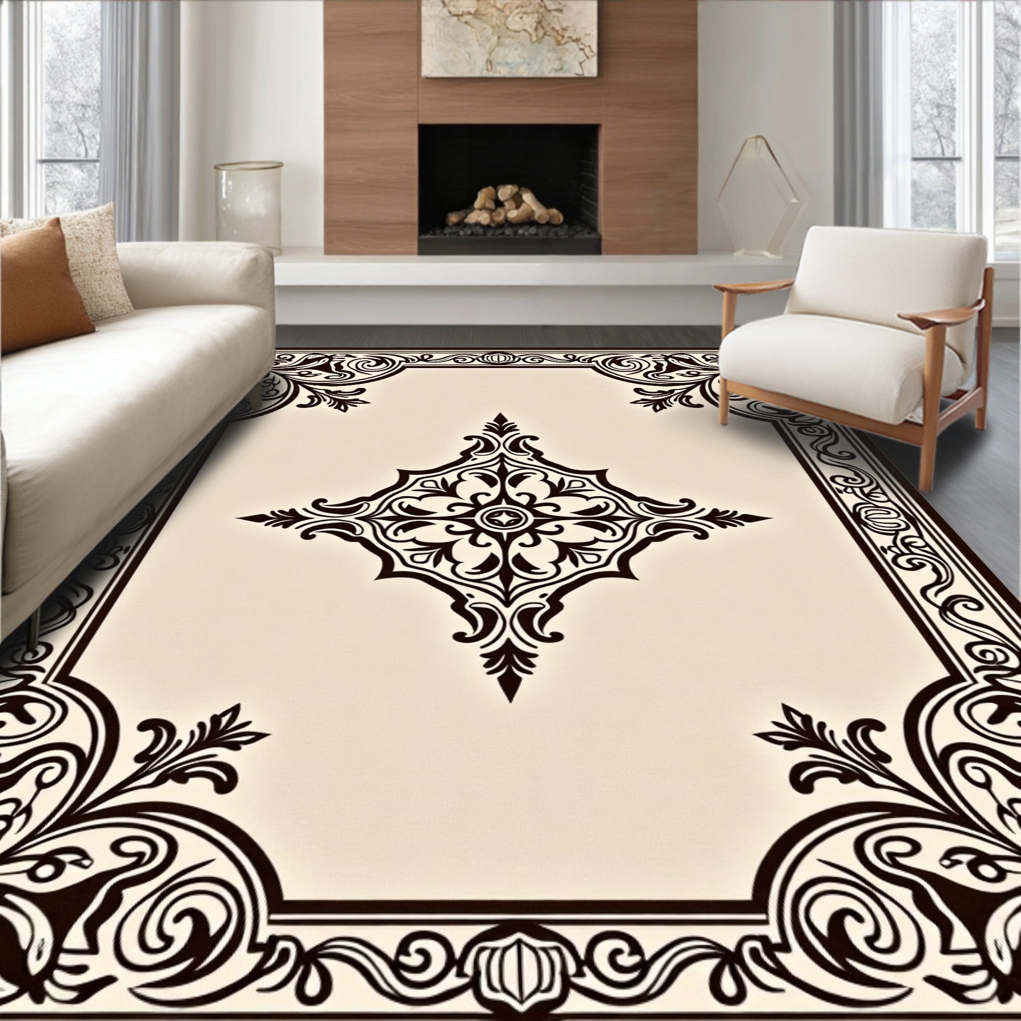 Ornate Brown Ivory Floral Design Rug