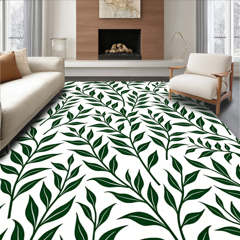 Forest Green Leafy Branch Pattern Rug