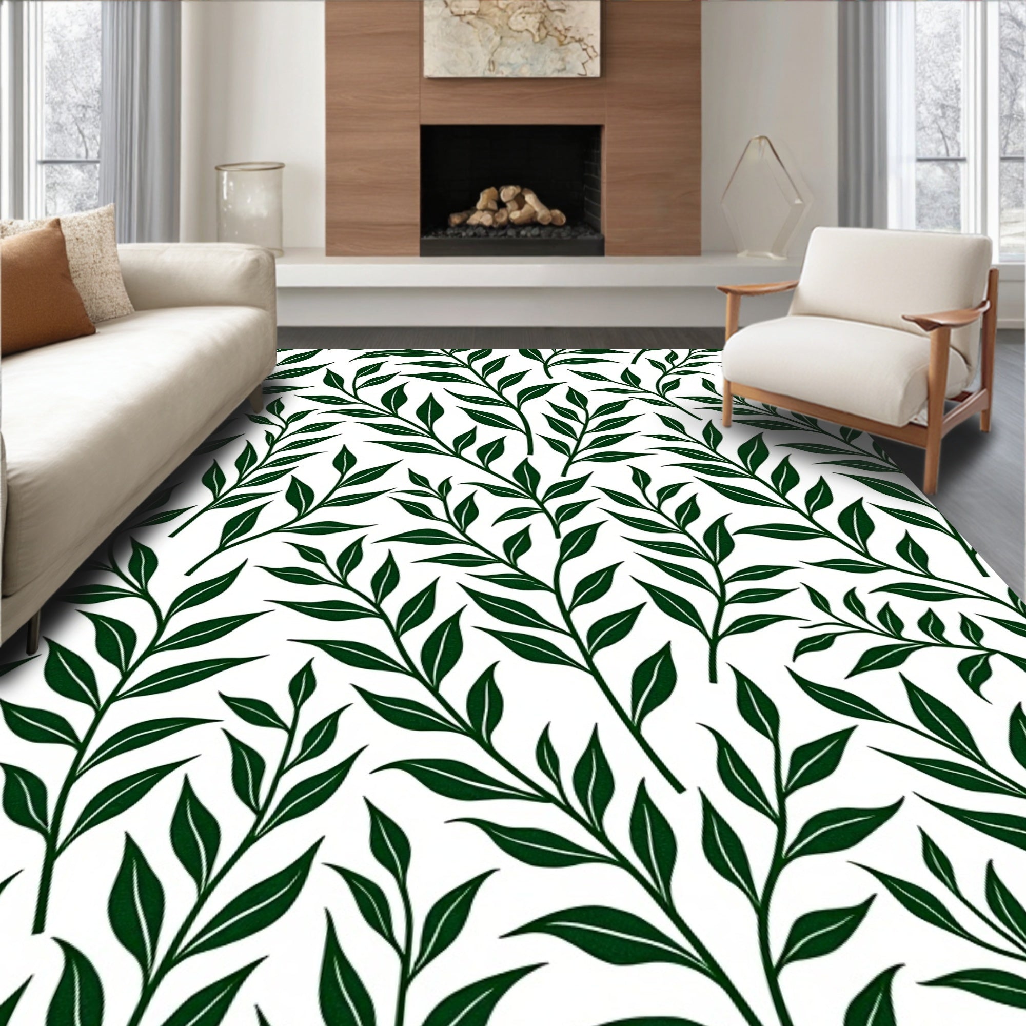 Forest Green Leafy Branch Pattern Rug