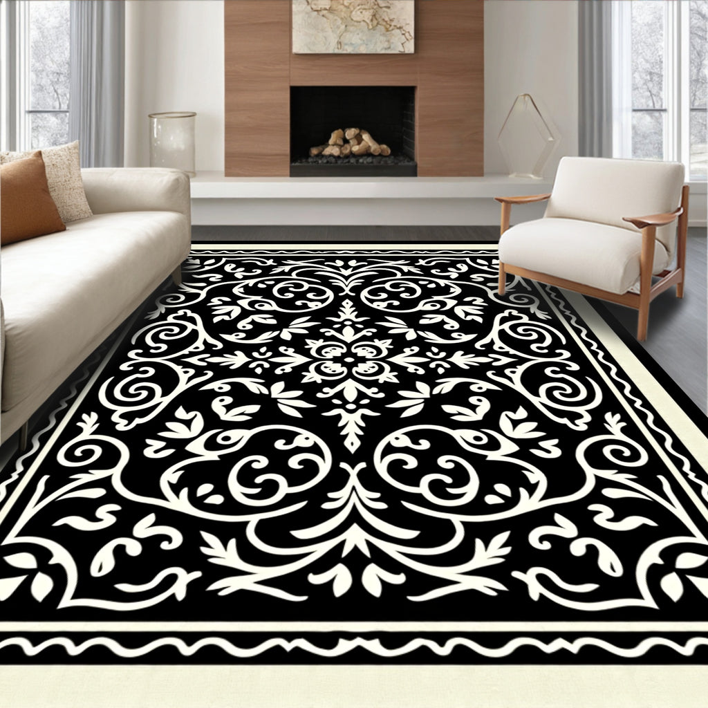 Classic Floral Scrollwork Black Ivory Rug