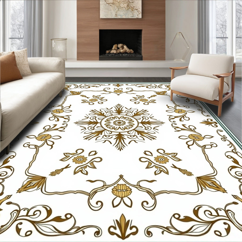 Ornate Golden Floral Scrollwork Design Rug
