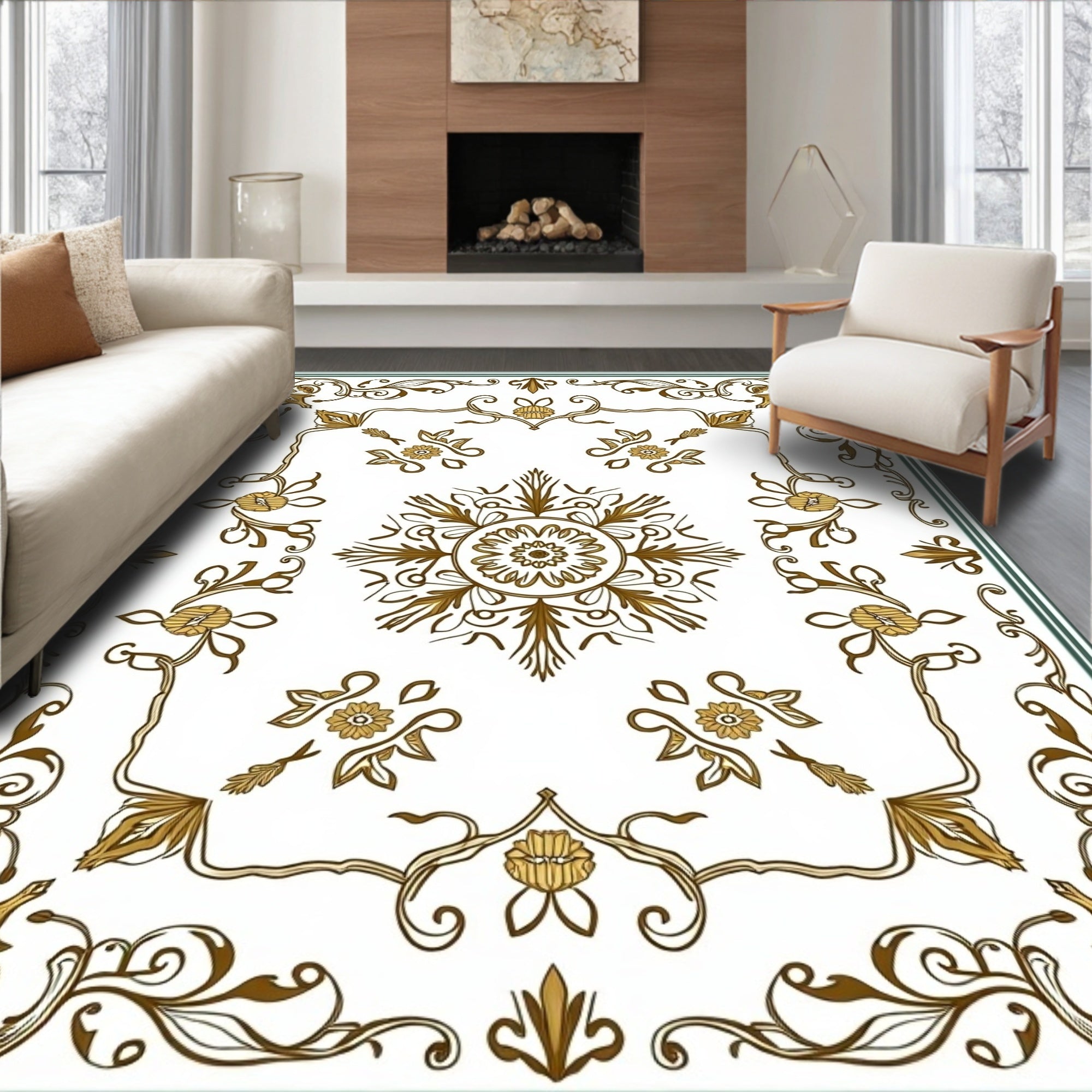 Ornate Golden Floral Scrollwork Design Rug