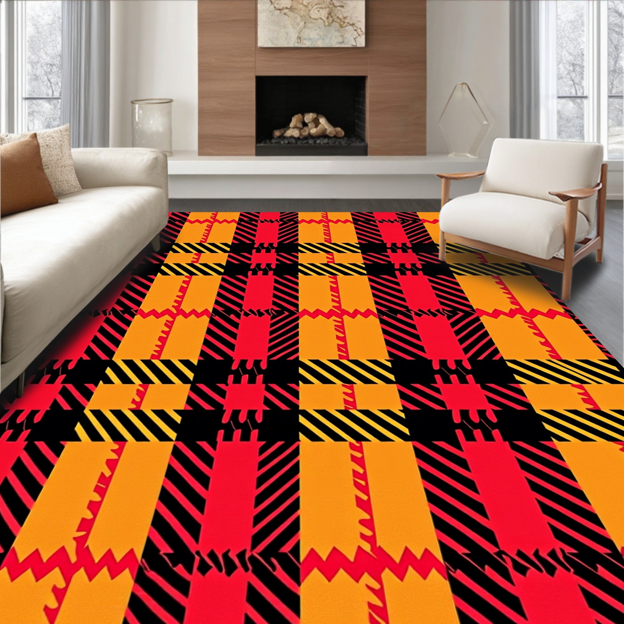 Bold Plaid Red Orange Black Pattern Rug