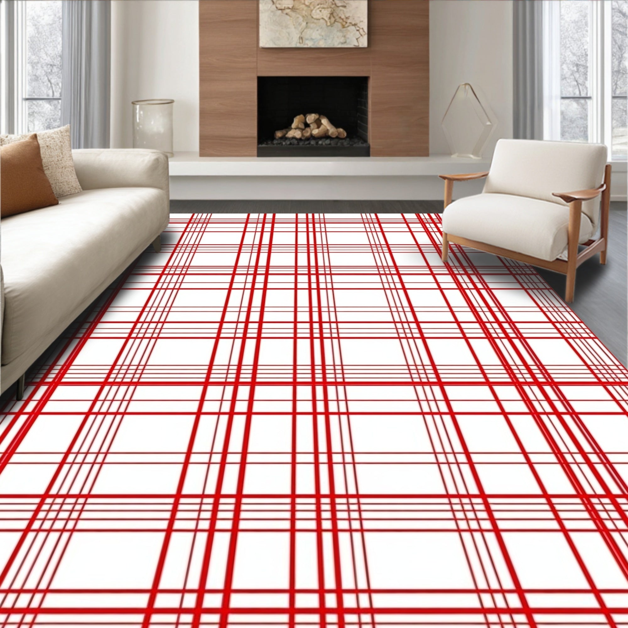 Classic Red Tartan Grid Pattern Rug
