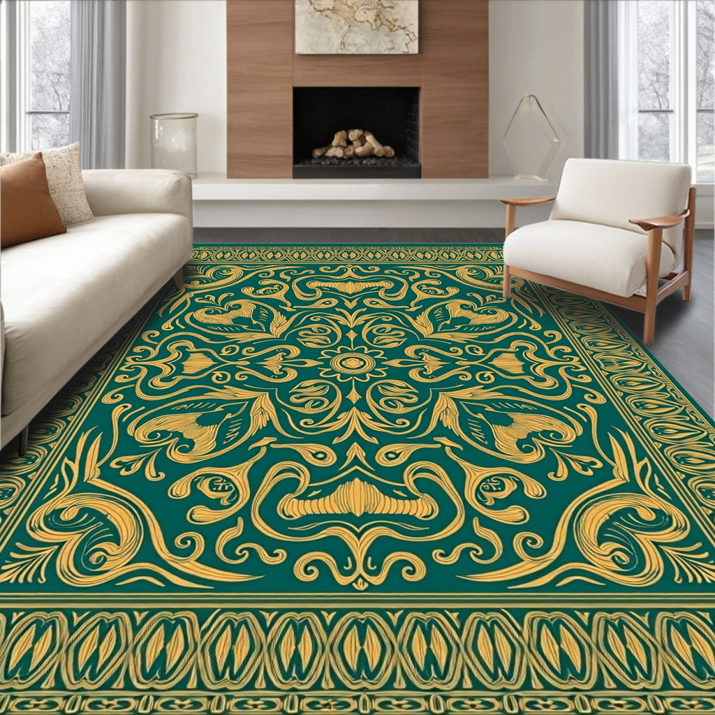 Emerald Gold Ornate Floral Scroll Rug