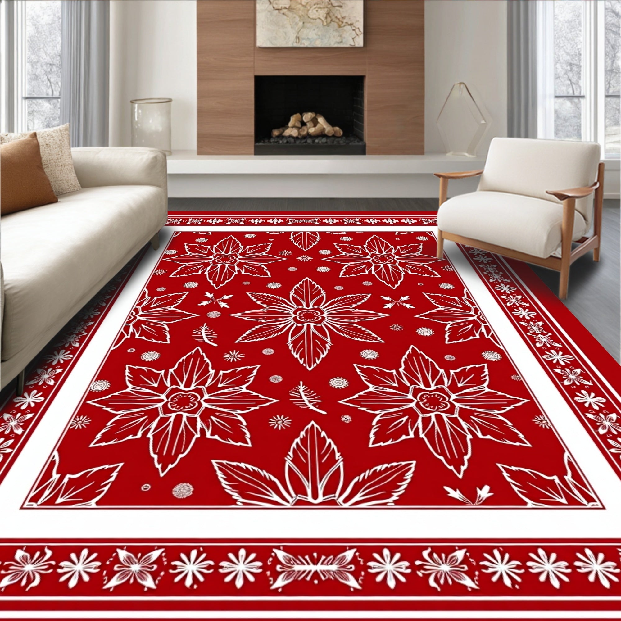 Red Floral Patterned Graphic Design Rug