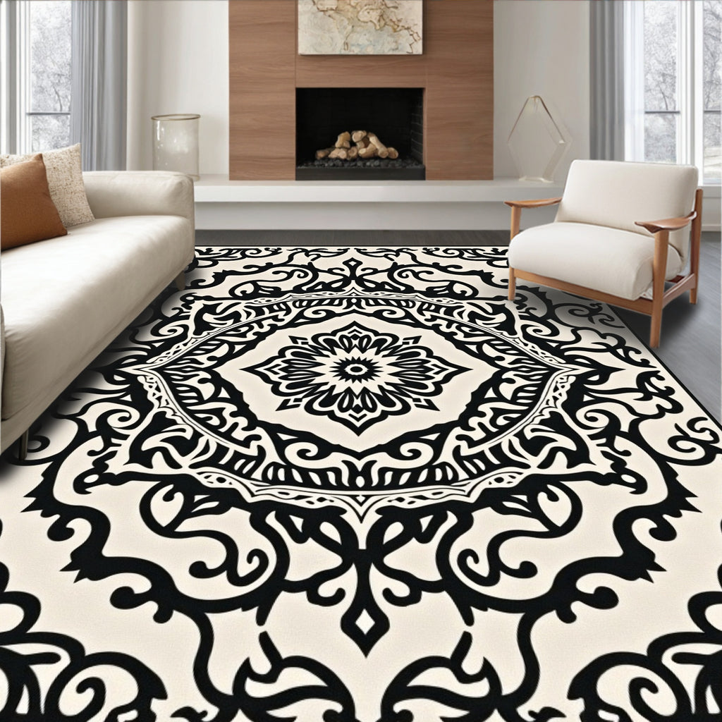 Elaborate Black Floral Scrollwork Design Rug