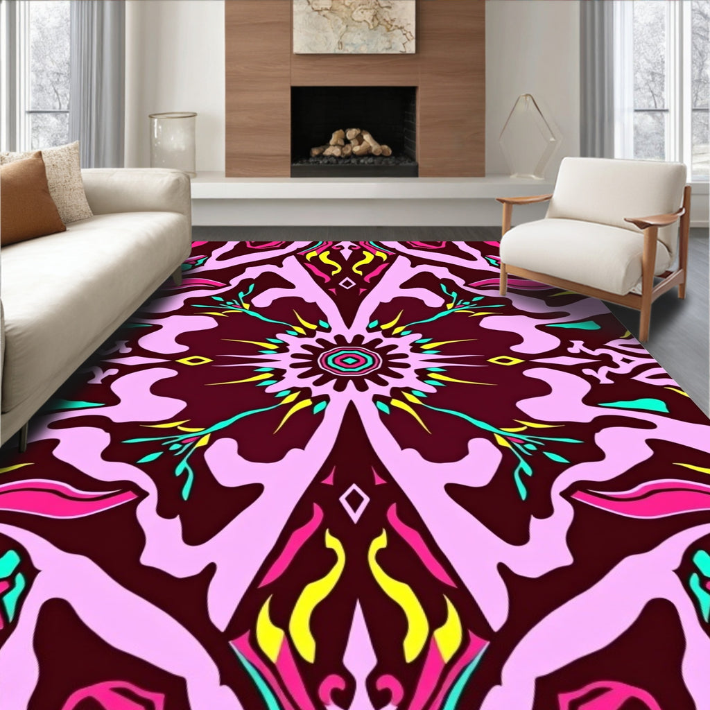 Vibrant Pink Yellow Symmetry Abstract Design Rug