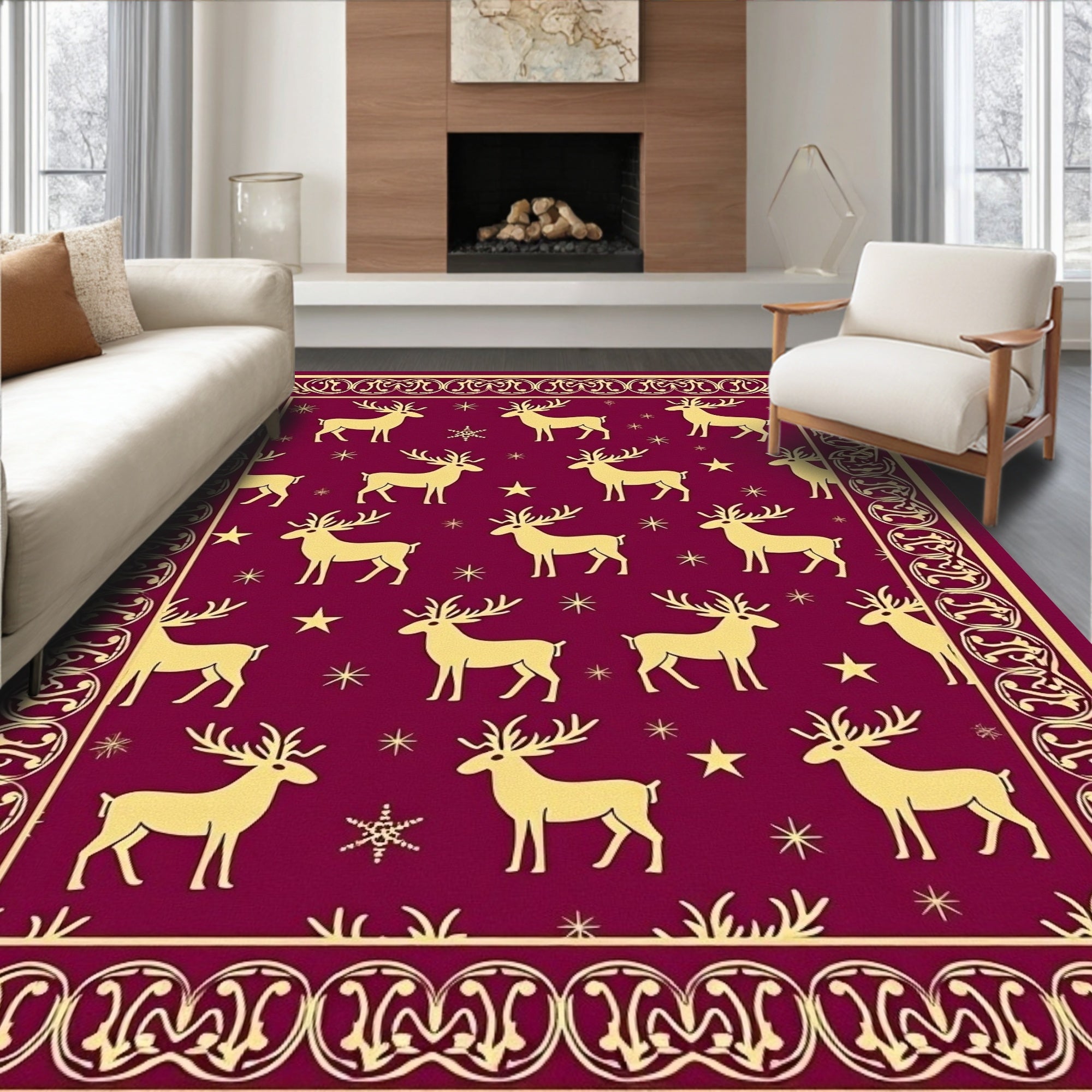 Regal Reindeer Star Border Design Rug