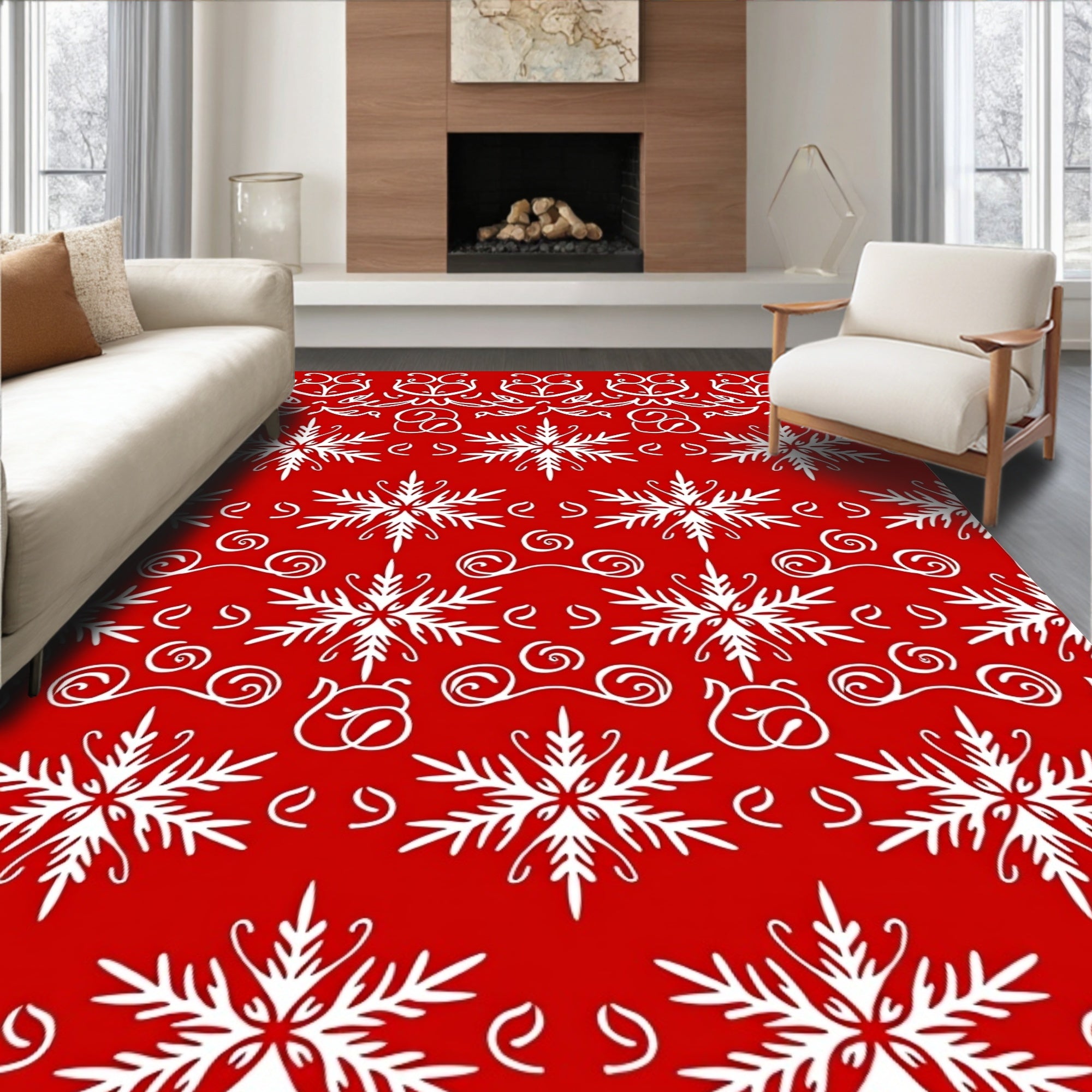 Red White Snowflake Patterned Design Rug
