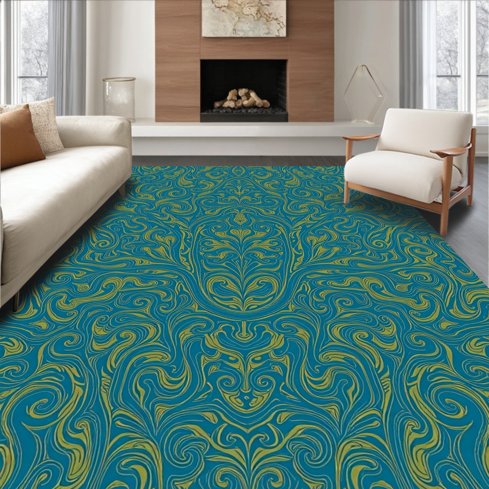 Teal Gold Swirl Floral Pattern Rug
