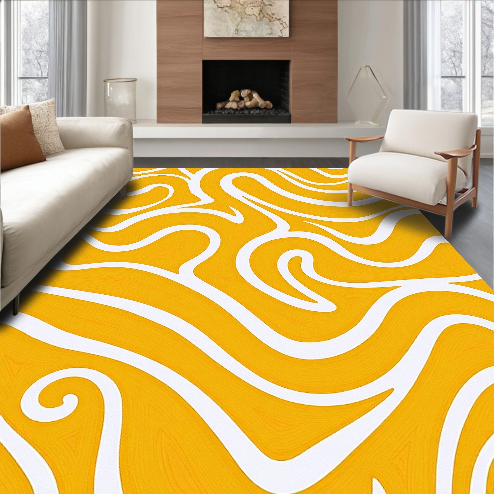 Abstract Swirl Pattern Yellow Rug