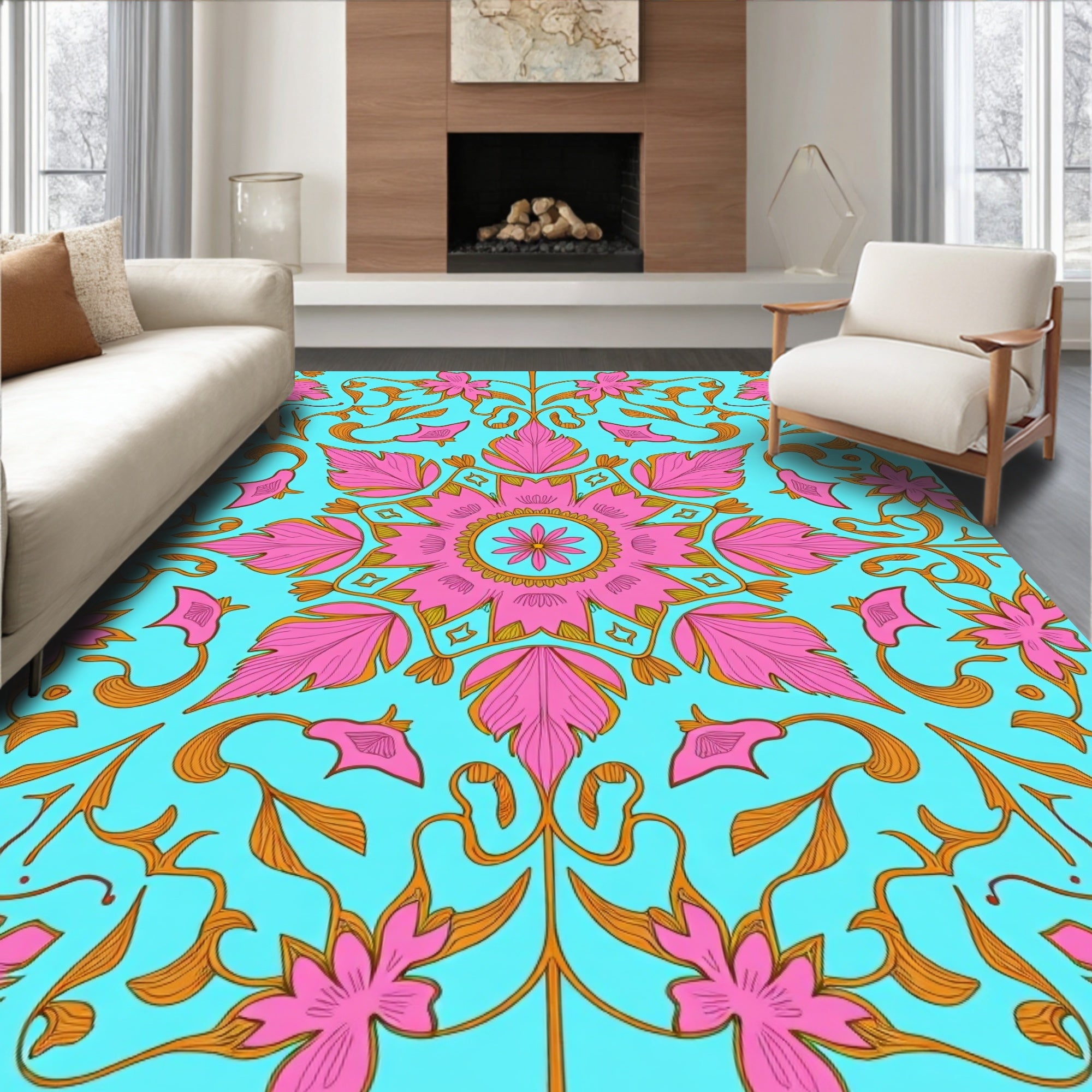 Pink Floral Symmetry Mandala Pattern Rug