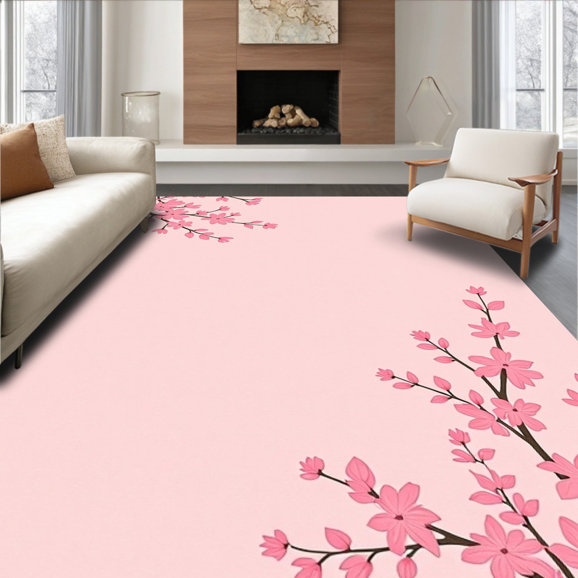 Pink Cherry Blossom Floral Pattern Rug