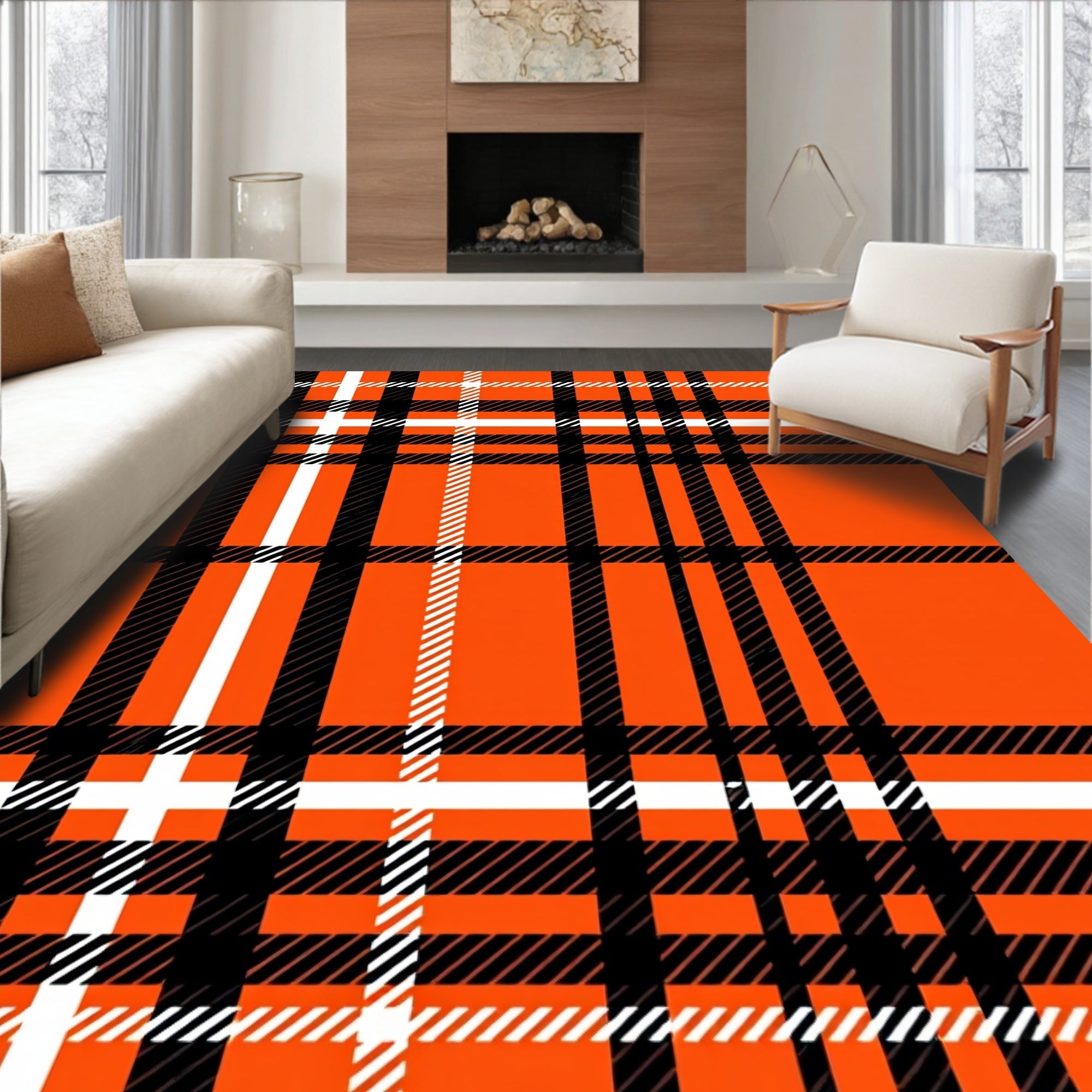 Bold Orange White Plaid Pattern Rug