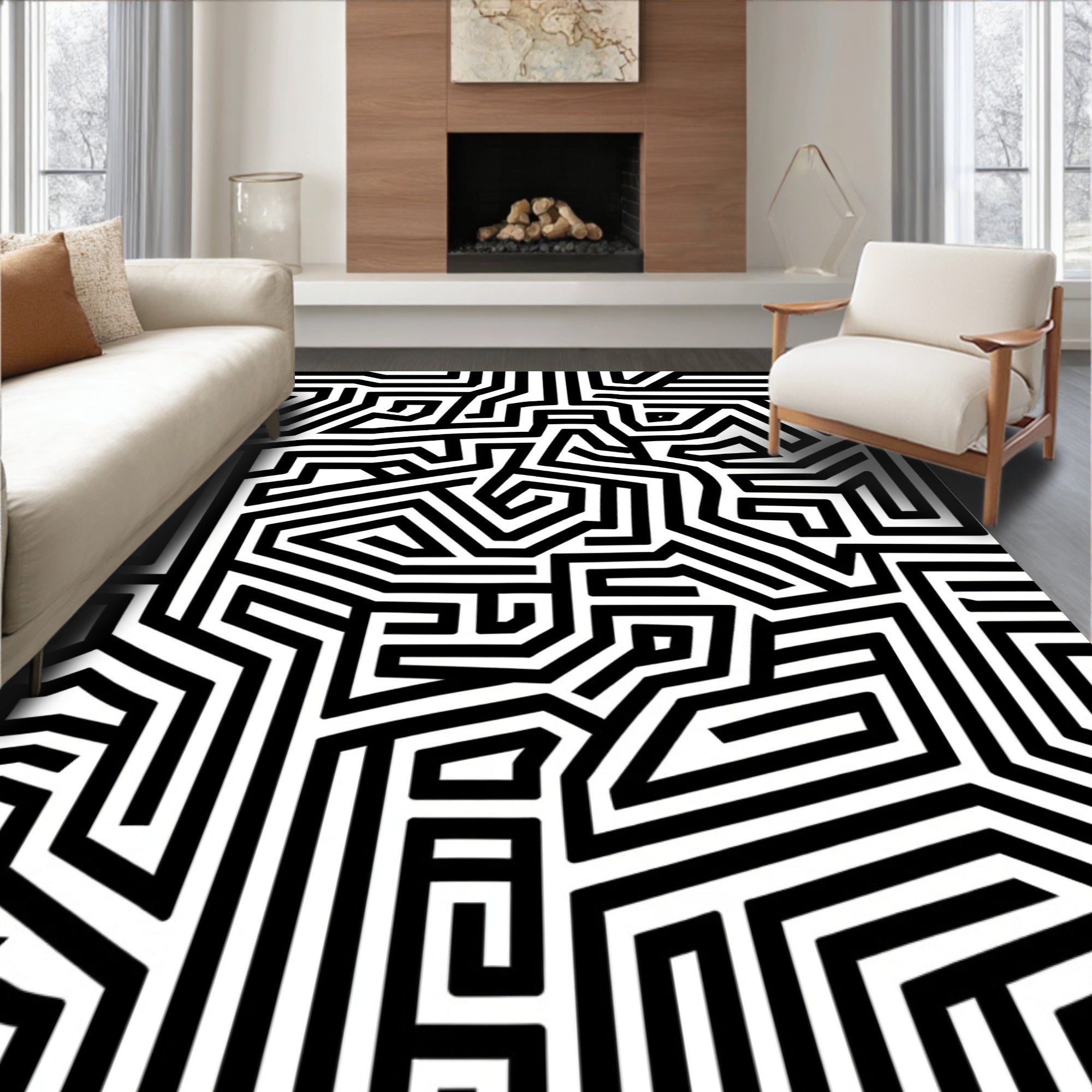 Abstract Black White Maze Pattern Rug