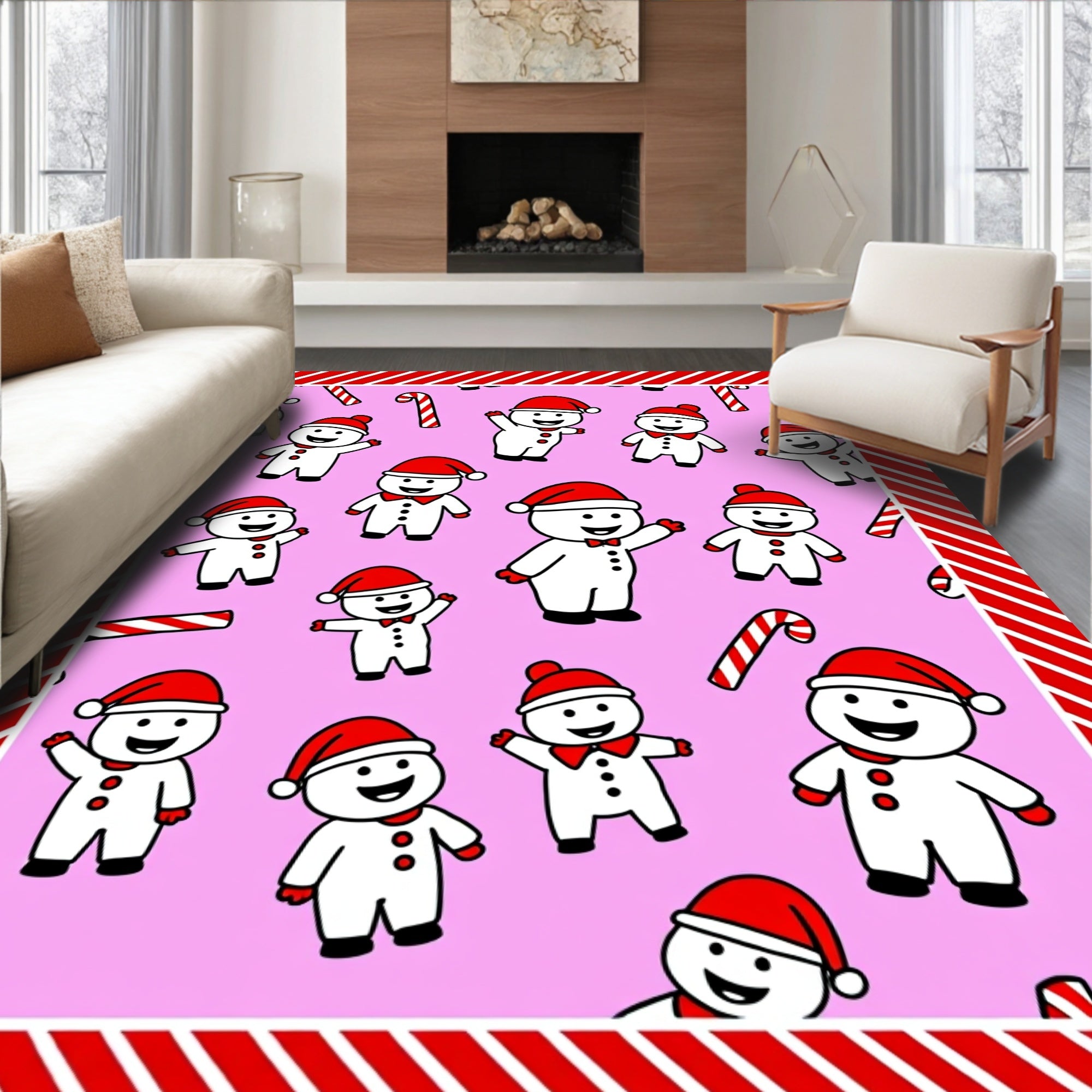 Christmas Snowmen Candy Cane Pink Rug