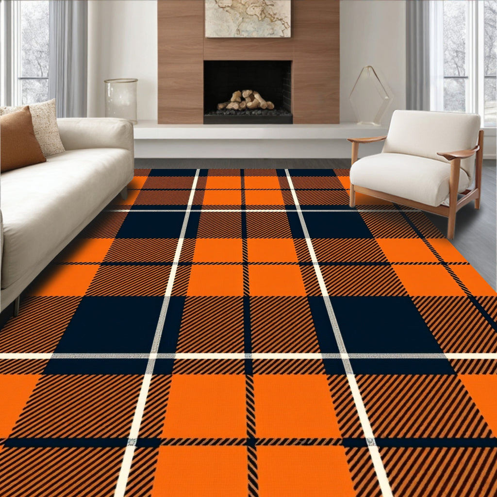 Classic Orange Navy Plaid Pattern Rug