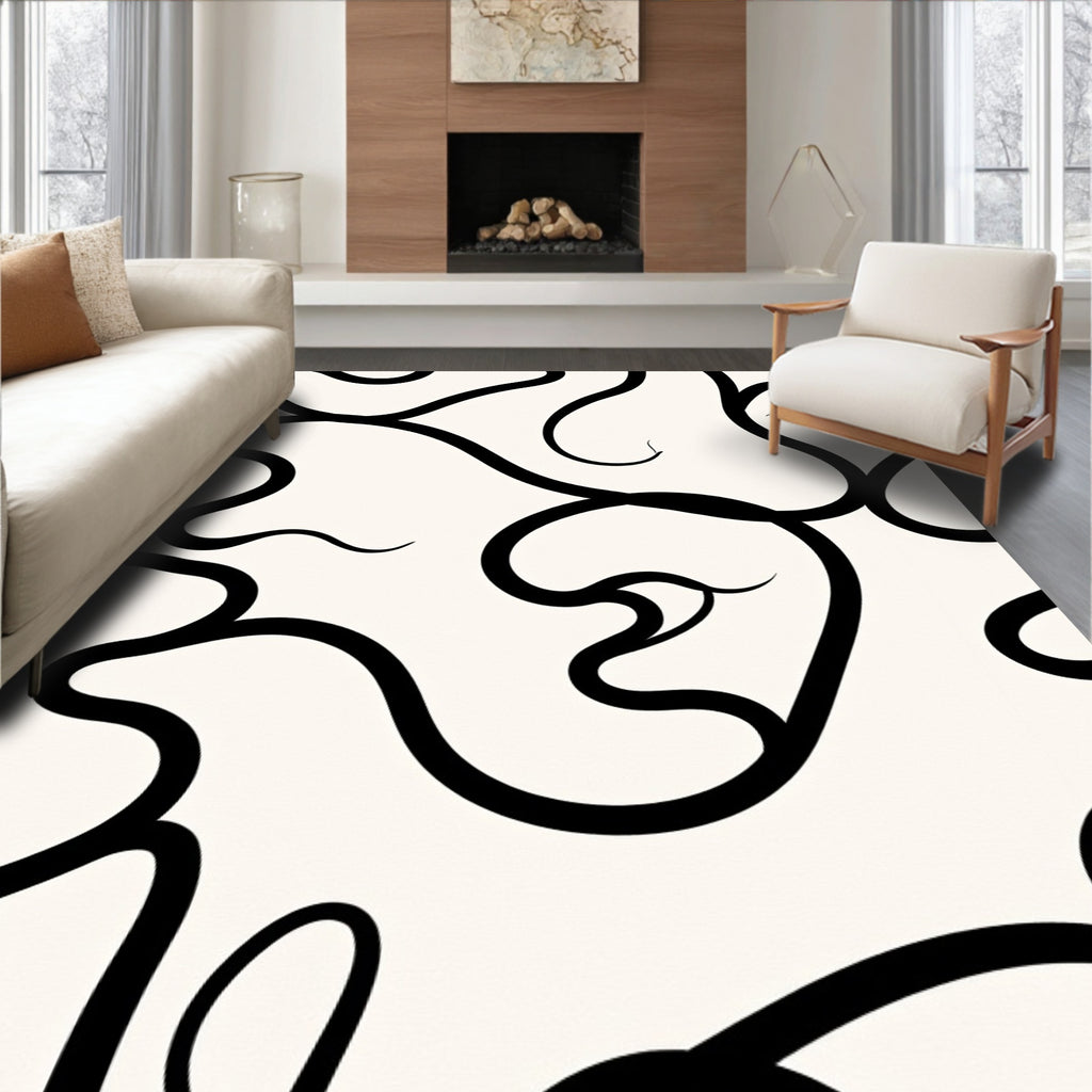 Organic Black White Swirl Pattern Rug