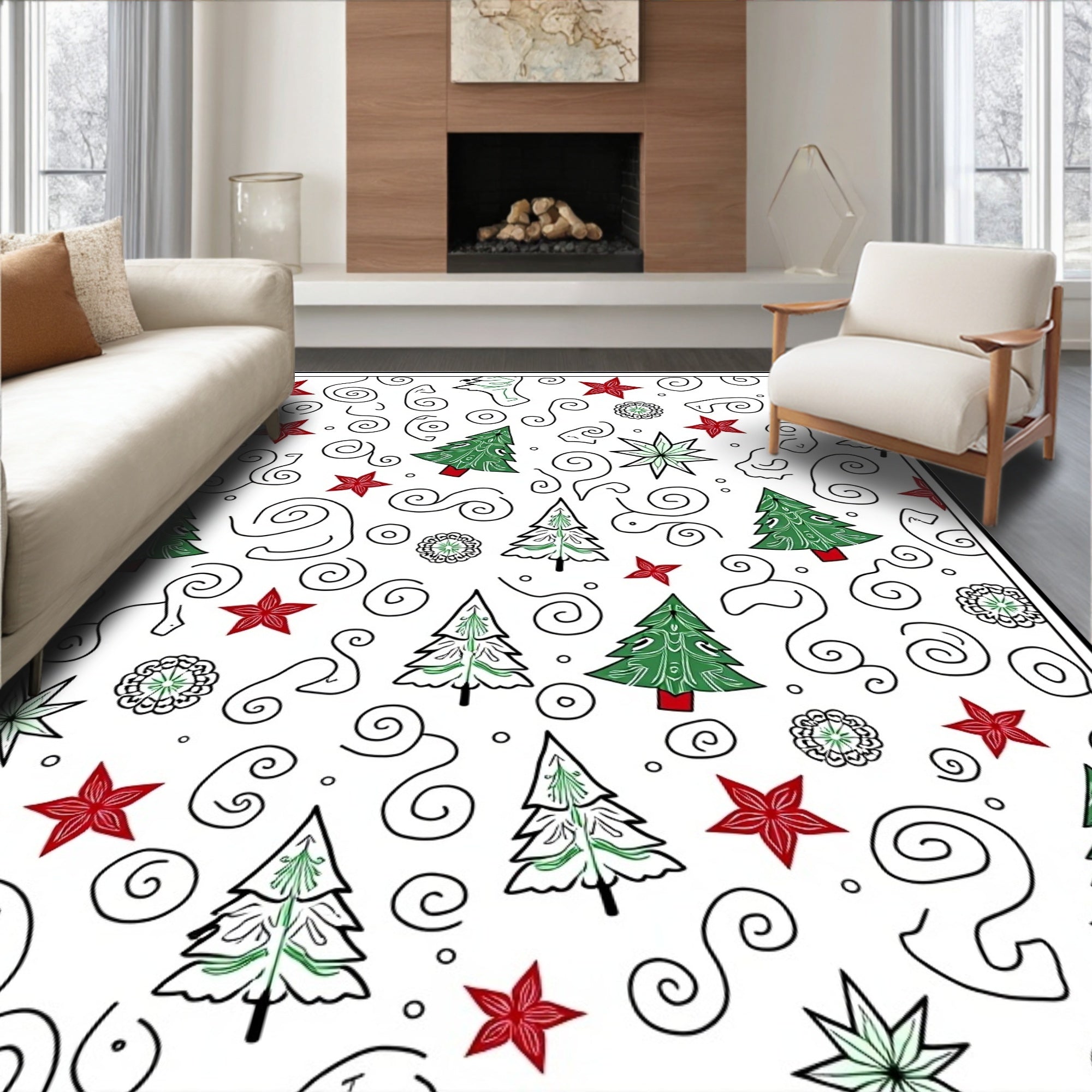 Festive Green Red Pine Swirls Rug