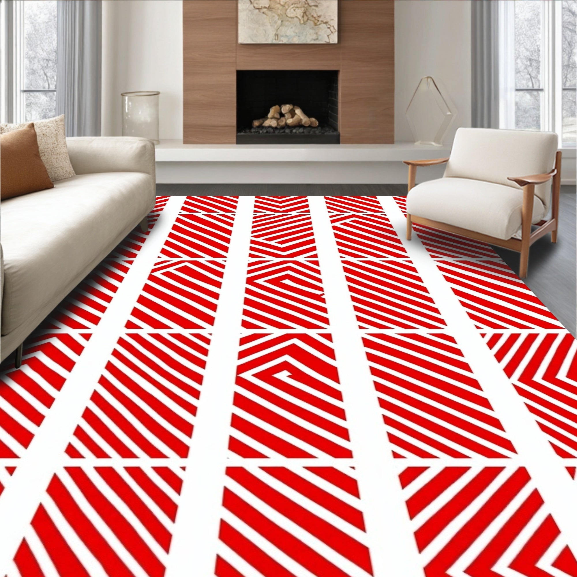 Red And White Striped Optical Illusion Rug