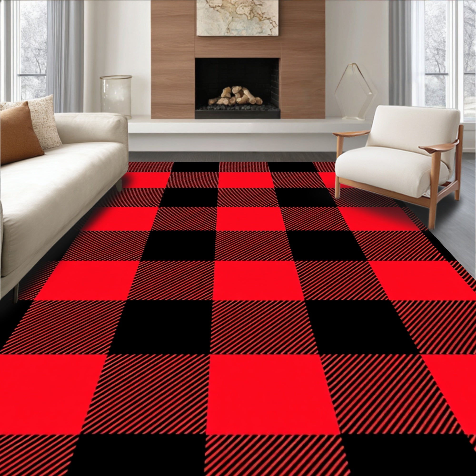 Bold Red Black Checkered Pattern Rug