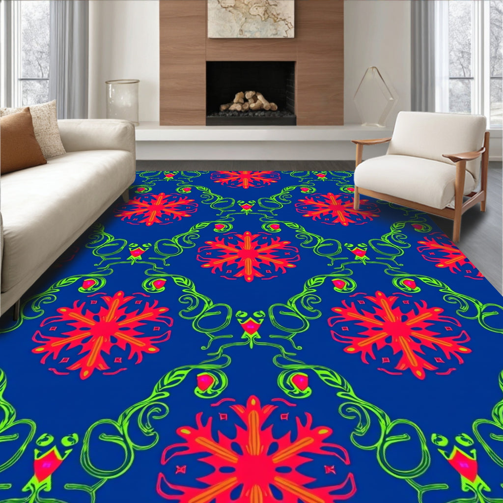 Vibrant Crimson Floral Blue Swirl Rug