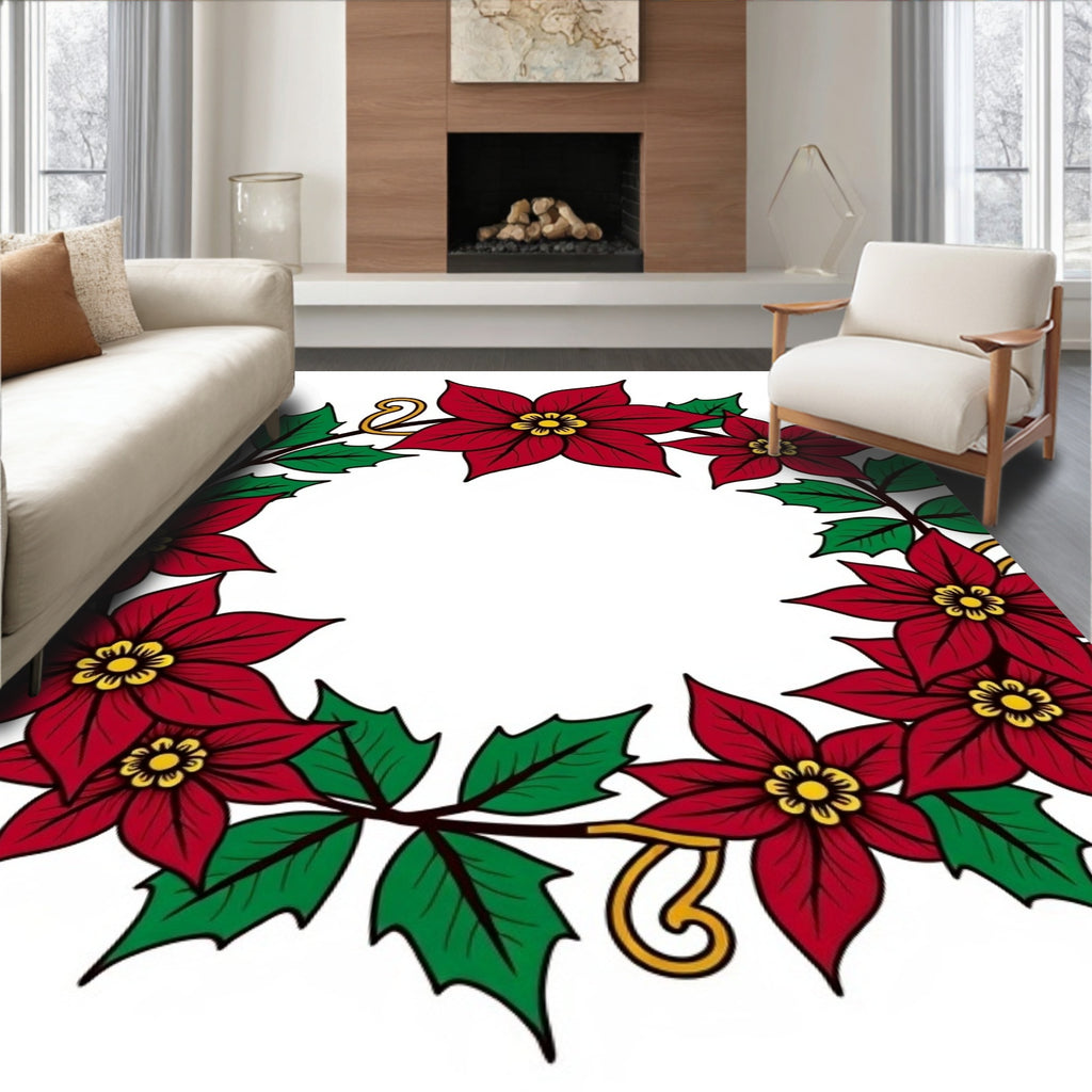 Crimson Poinsettia Wreath Festive Garland Rug