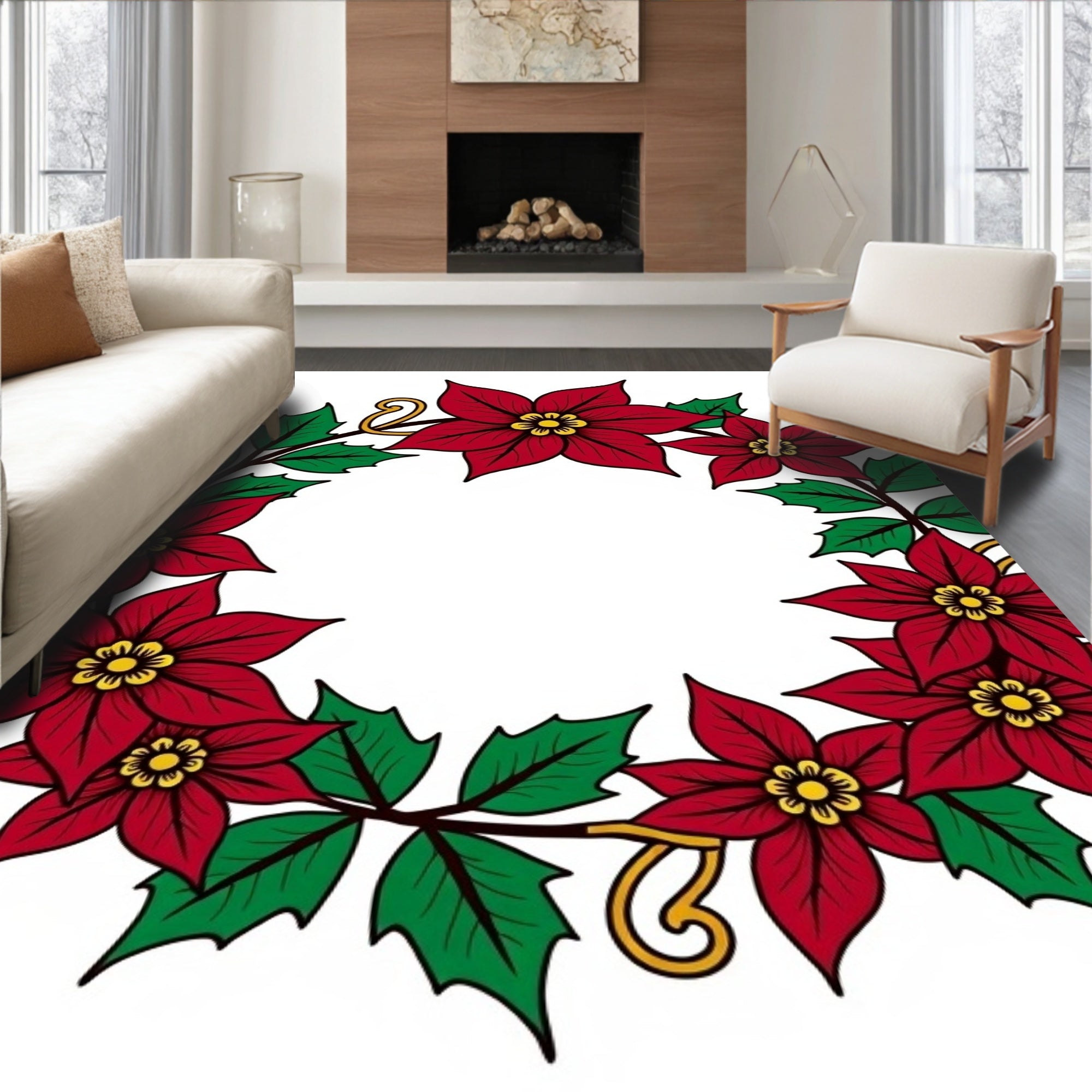 Crimson Poinsettia Wreath Festive Garland Rug