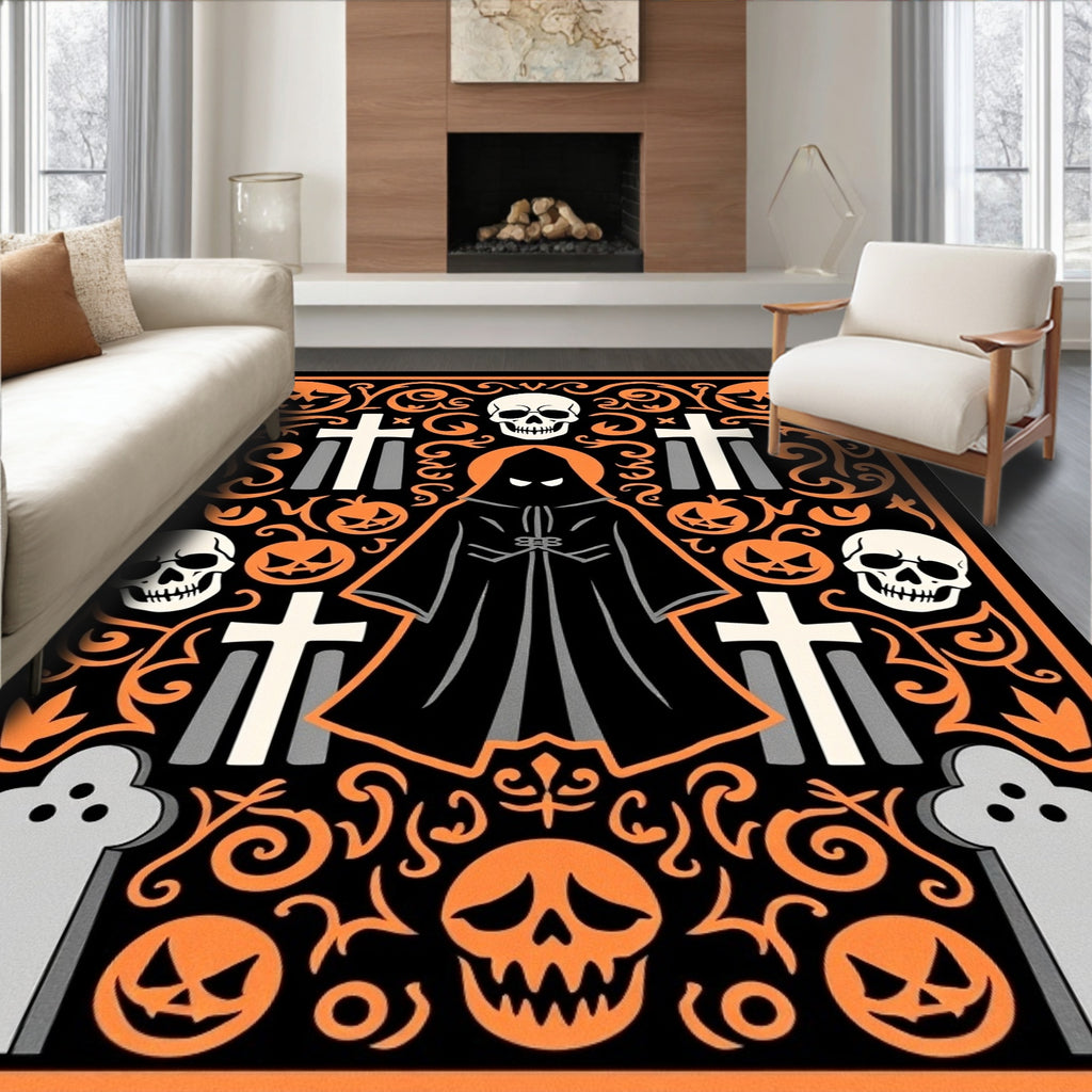 Gothic Halloween Skull Tombstone Pumpkin Rug