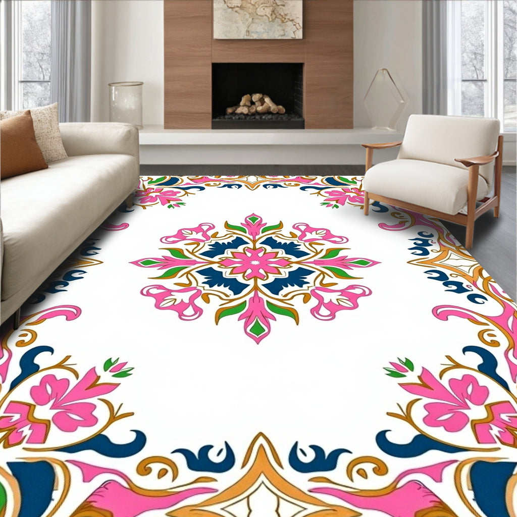 Ornate Pink Blue Floral Medallion Design Rug