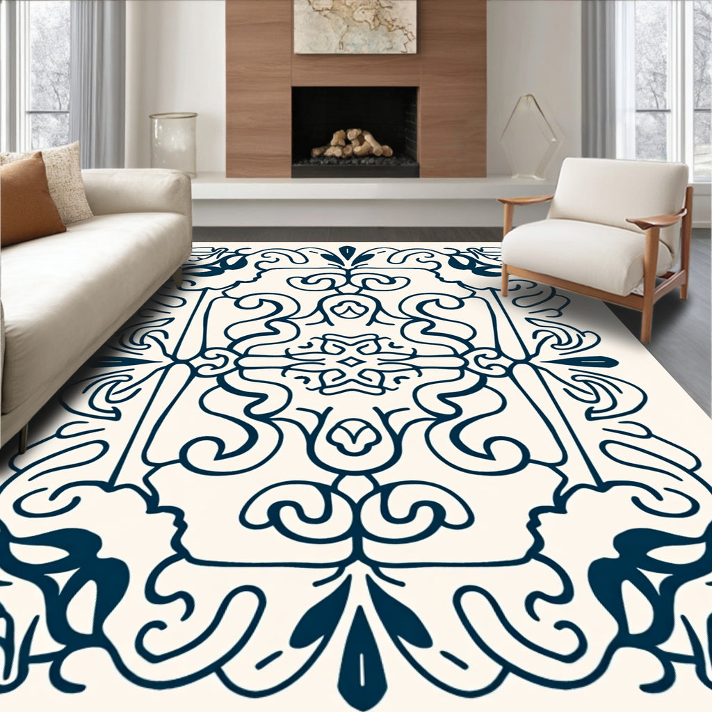 Ornate Dark Navy Scroll Pattern Rug