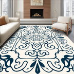 Ornate Dark Navy Scroll Pattern Rug
