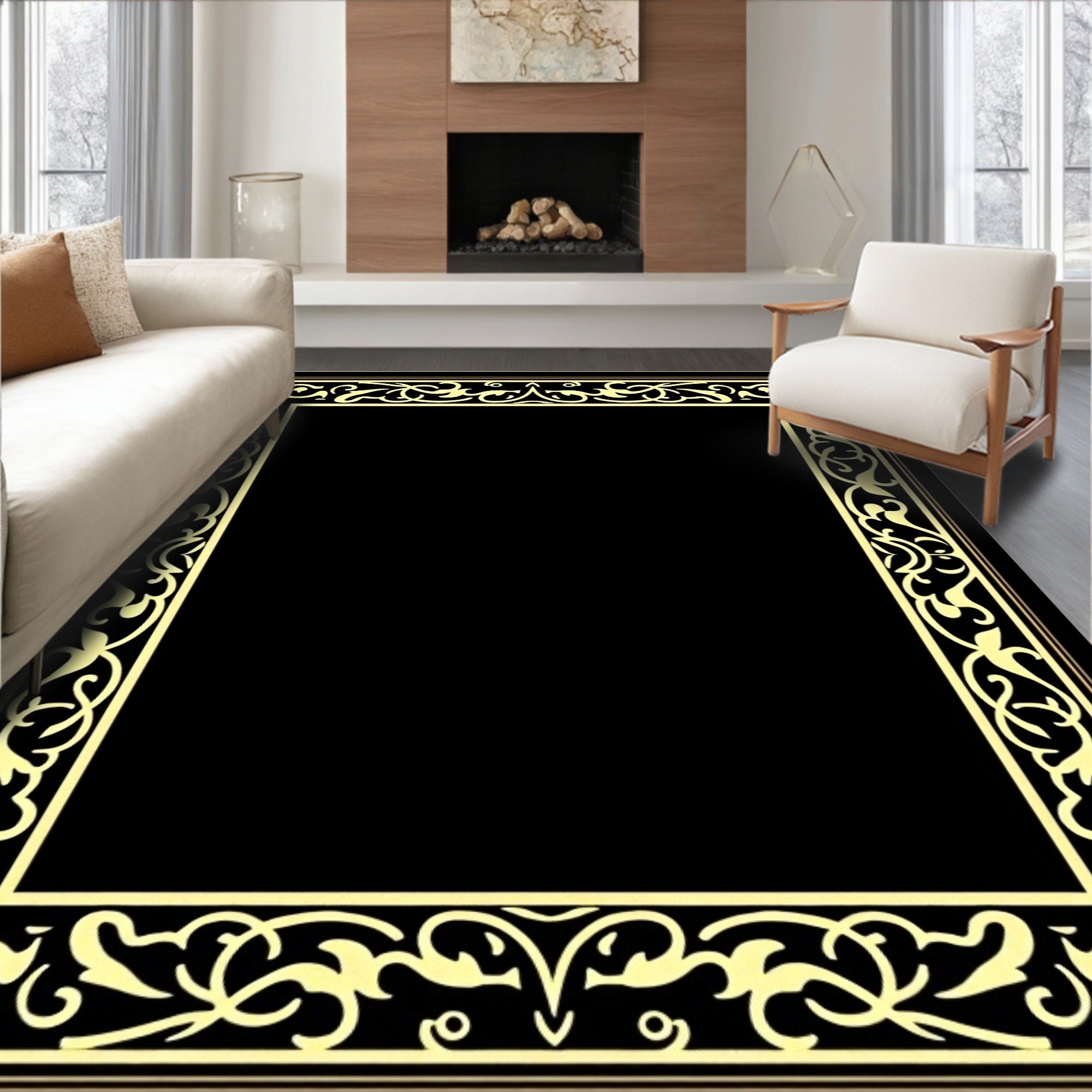 Golden Baroque Scroll Border Rug