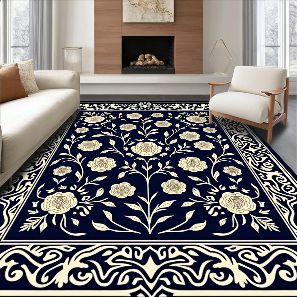 Floral Vines Ornate Border Pattern Rug
