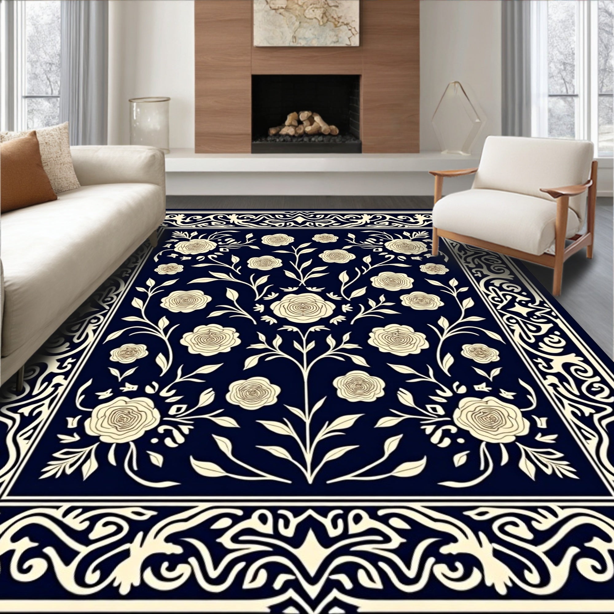 Floral Vines Ornate Border Pattern Rug