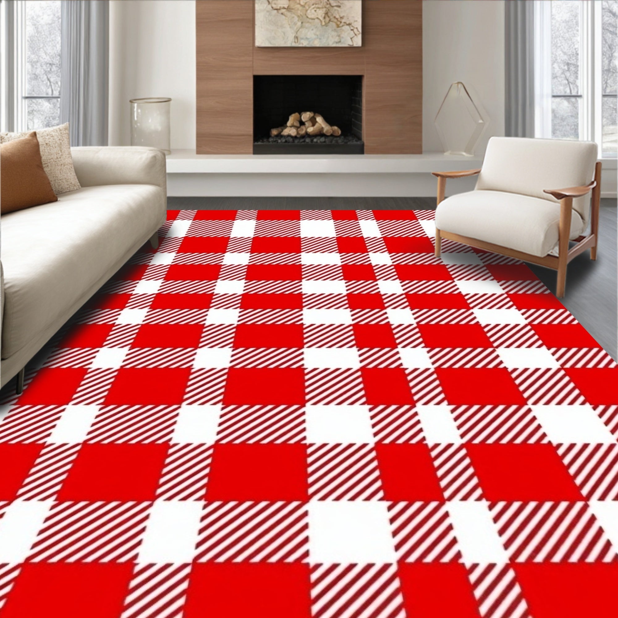 Classic Red White Gingham Plaid Rug