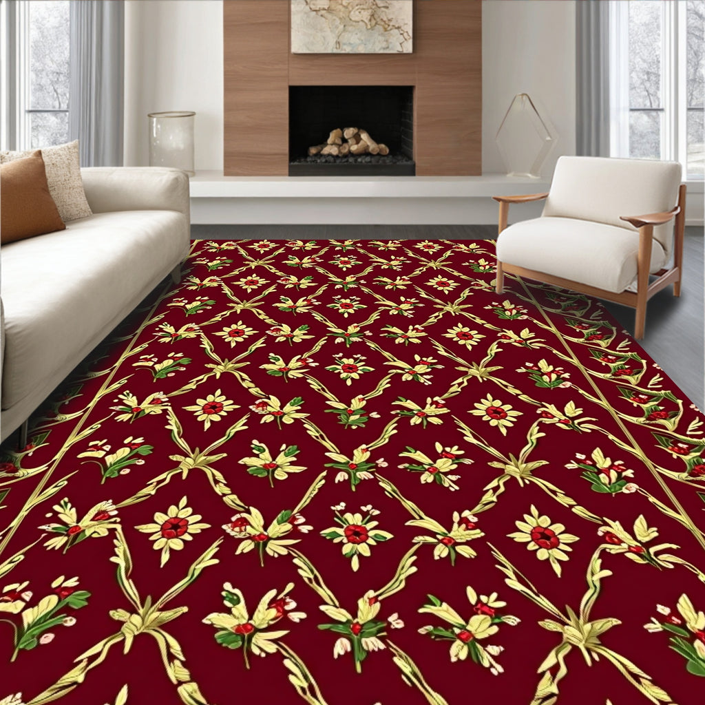 Rich Red Floral Lattice Pattern Rug