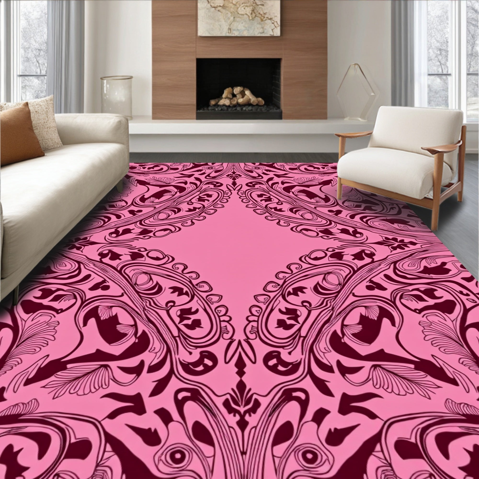 Elegant Pink Floral Swirl Pattern Rug