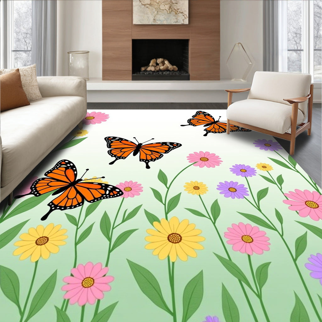 Monarch Butterflies Floral Meadow Design Rug