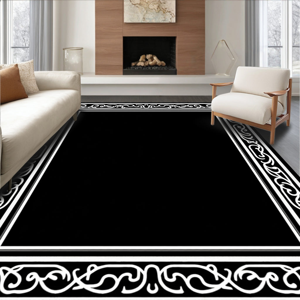 Classic Black White Scrollwork Decorative Rug