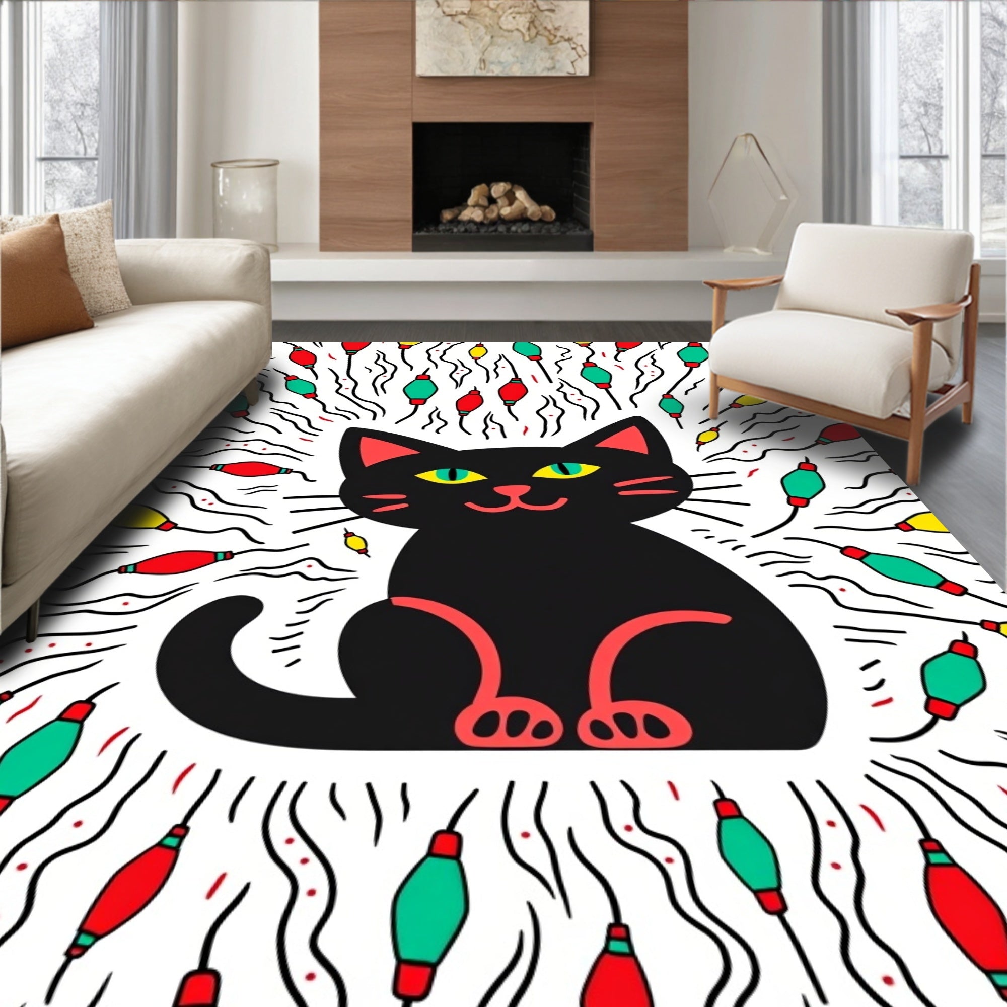 Black Cat With Colorful Lights Pattern Rug