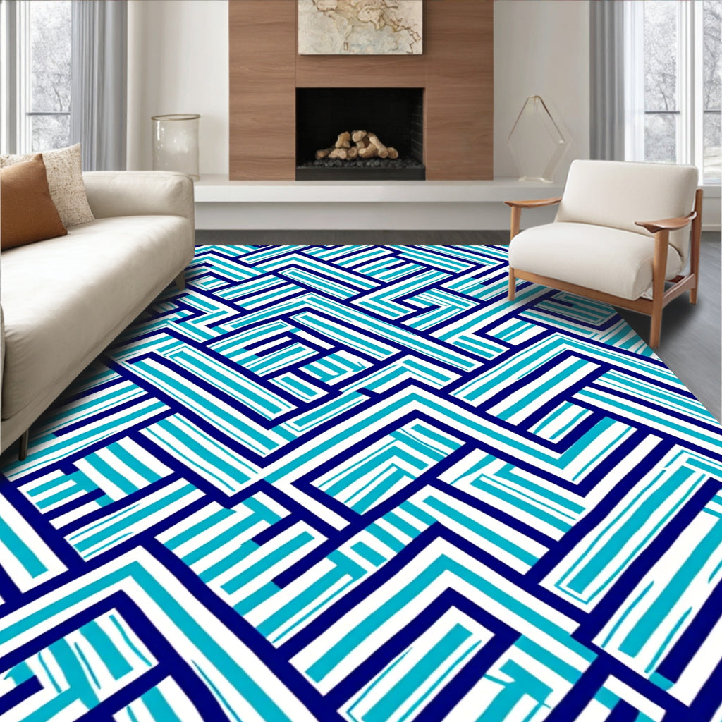 Interlocking Blue Geometric Abstract Rug