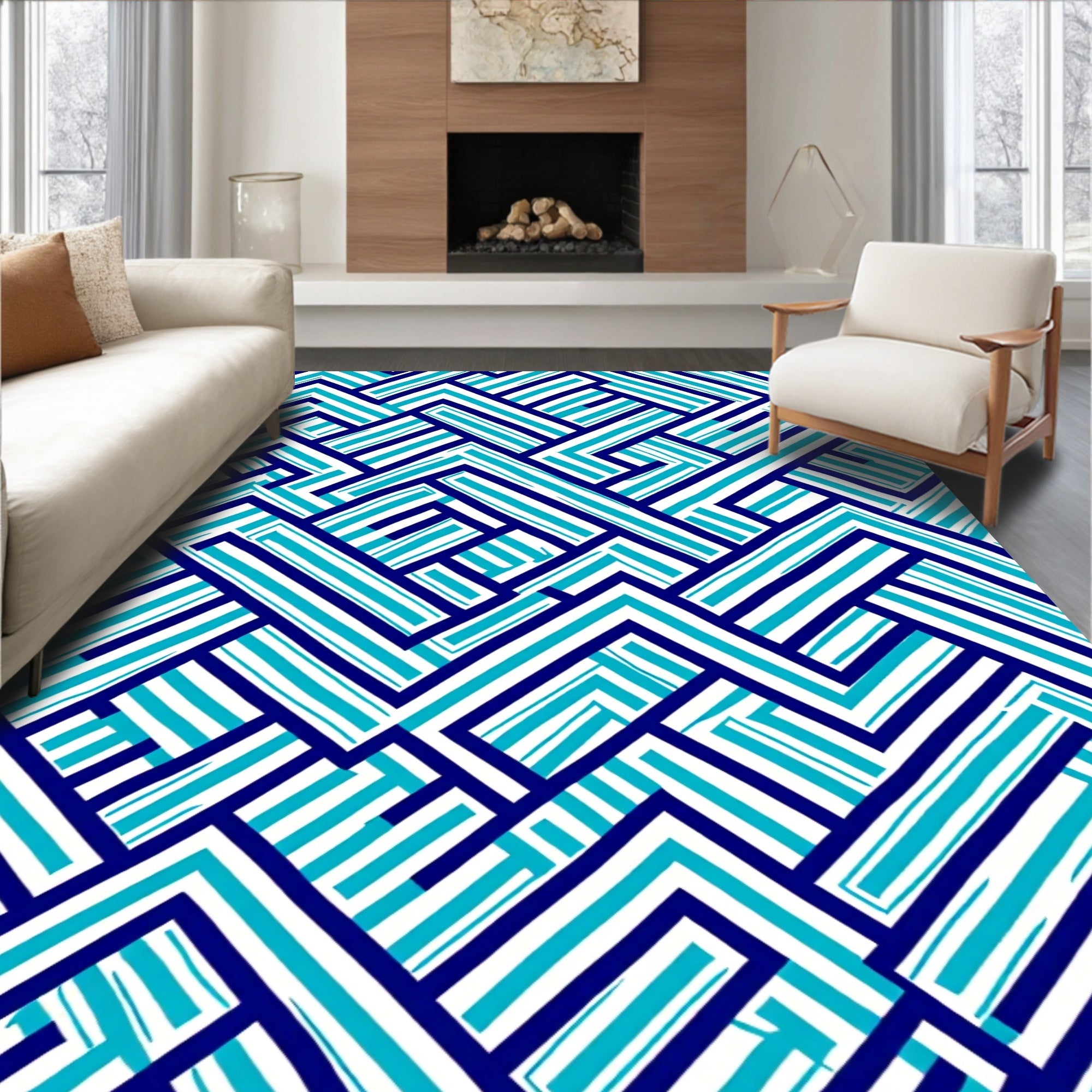 Interlocking Blue Geometric Abstract Rug