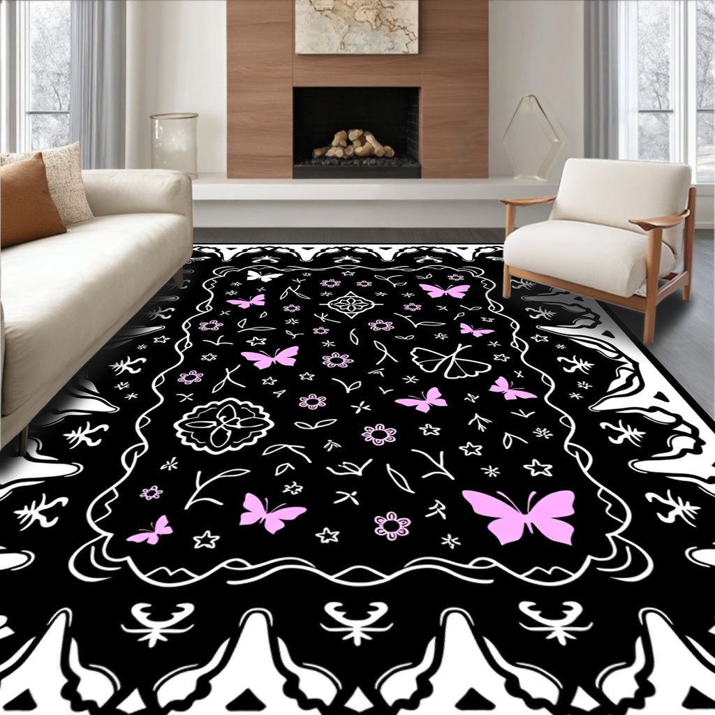 Whimsical Pink Butterfly Botanical Pattern Rug