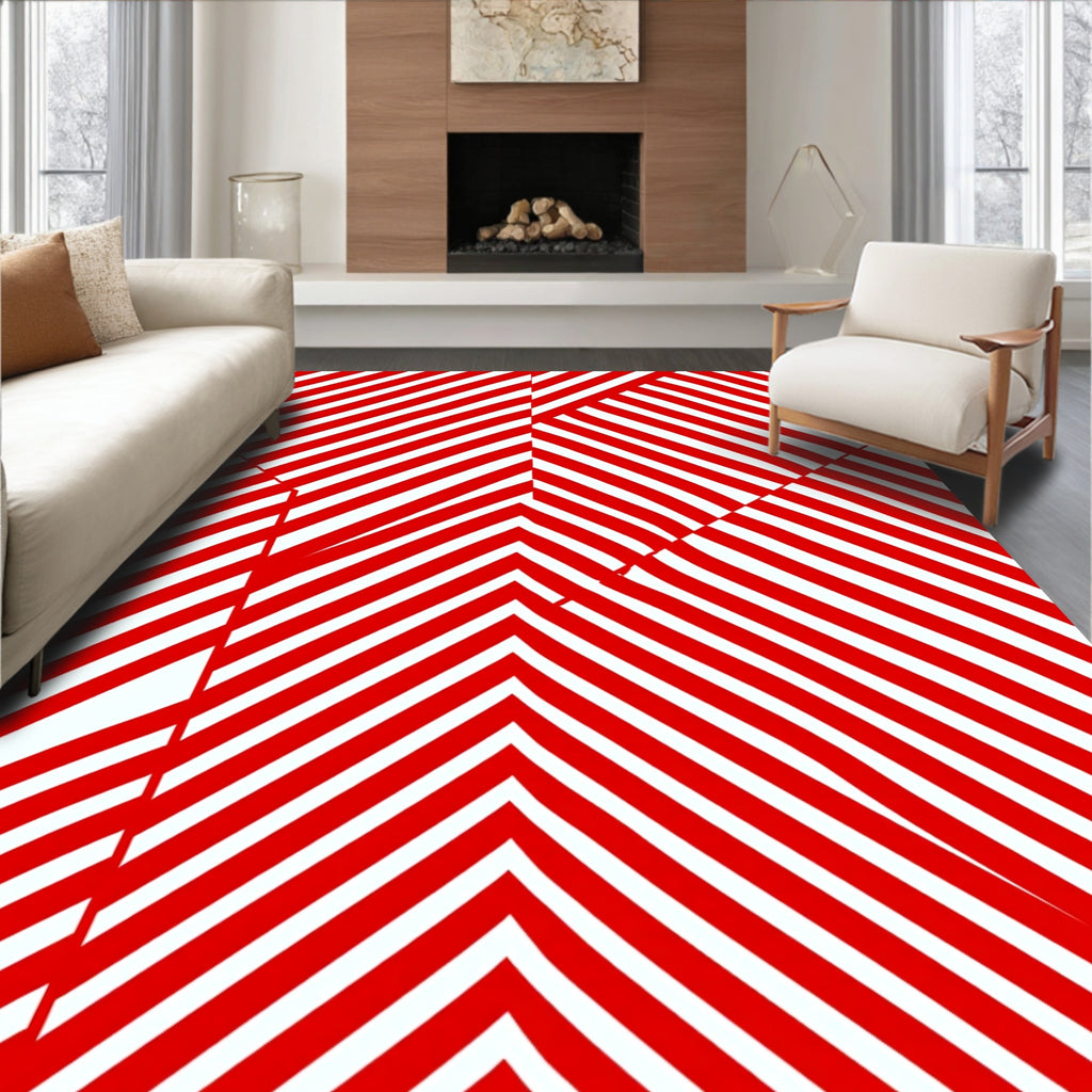 Bold Red White Striped Geometric Pattern Rug