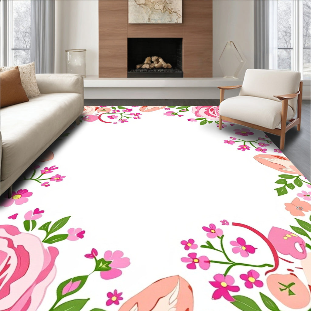 Sweet Pink Floral Border Design Rug