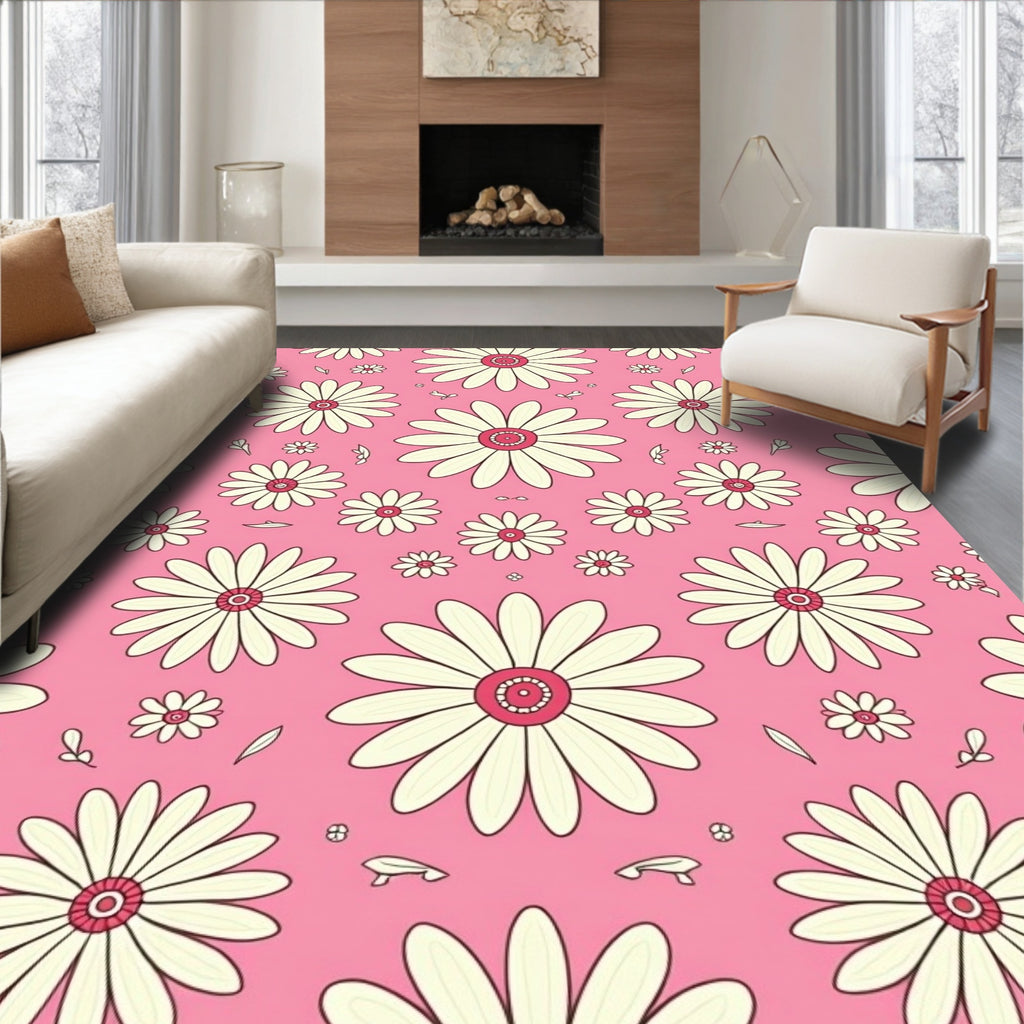 Pink Daisy Patterned Floral Rug