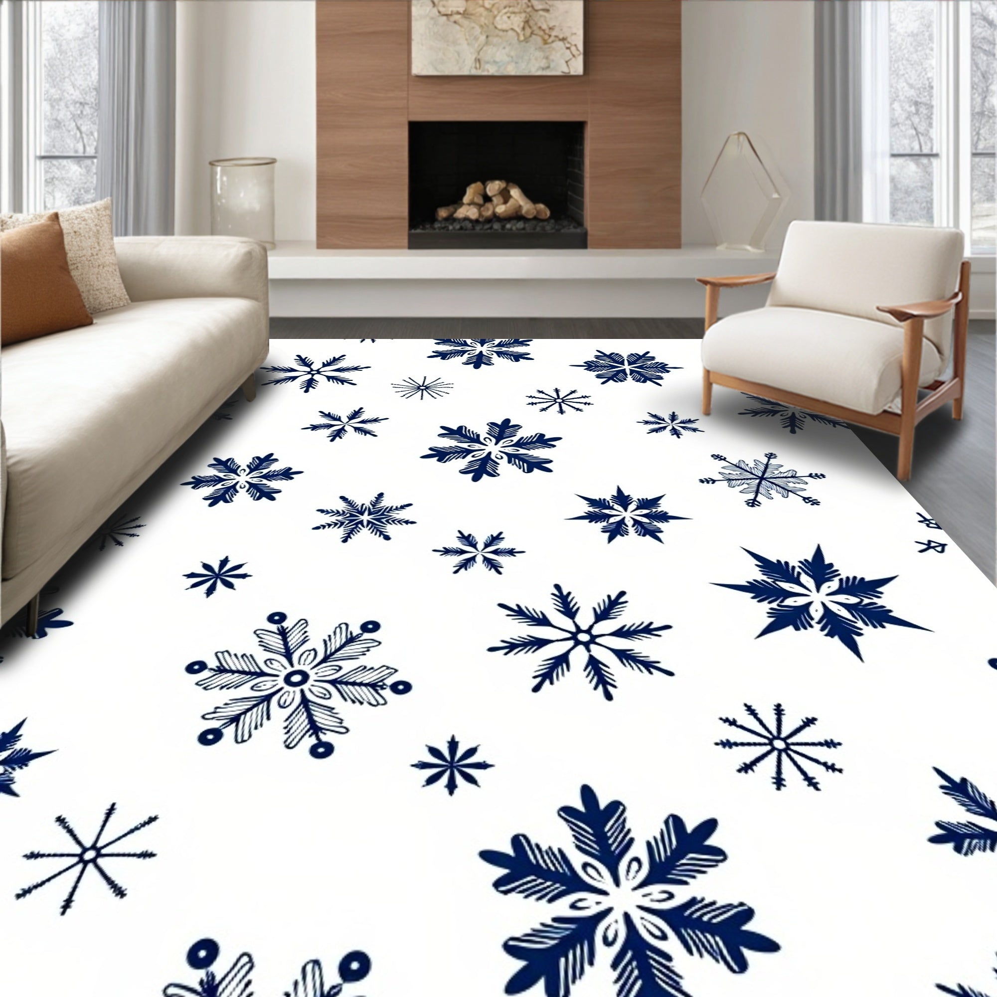 Navy Blue Snowflake Scatter Rug